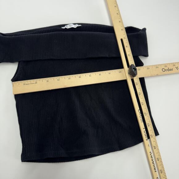 Zara Top Womens Small Black Off Shoulder Ribbed Sweater Foldover Neck Pullover - Picture 4 of 5